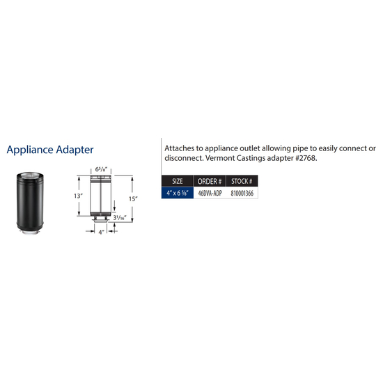 4” x 6 5/8” DirectVent Pro Appliance Adapter Specs