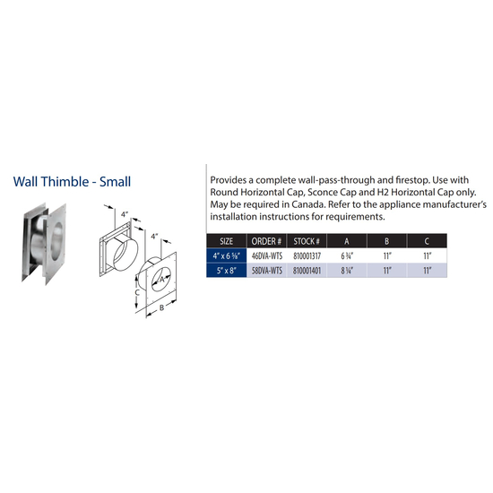4” x 6 5/8” DirectVent Pro Wall Thimble - Small Specs