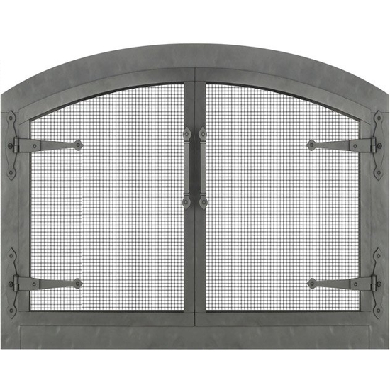 Forged Steel Laramie Arched Masonry Fireplace Door with strap hinges, mesh protection, and clear natural finish