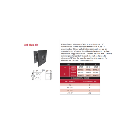 DuraPlus Stainless Steel Wall Thimble Sizing Chart