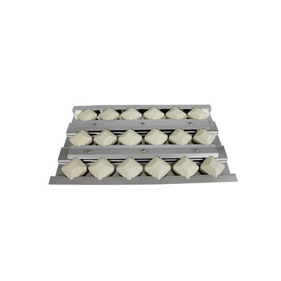 304 stainless steel 17-7/8″ x 10-5/8″  thick gauged and contains 18 ceramic pyramid-shaped briquettes