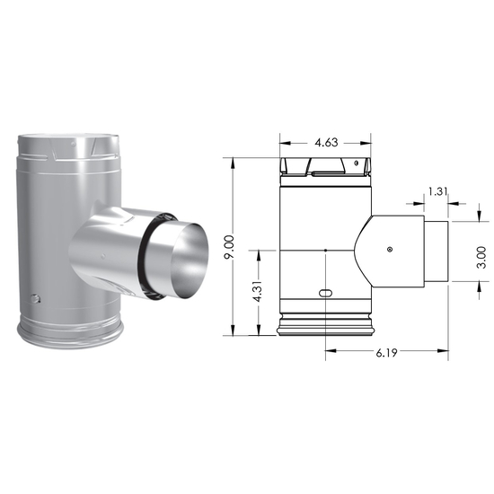 DuraVent 3" PelletVent Pro Increaser Adapter Tee with Clean-Out Tee Cap 3PVP-TADX41 Size