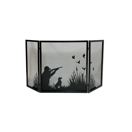 3 fold black iron screen with duck hunting design, 32" high and 57 3/4" wide