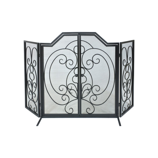 3 fold arched screen - black wrought iron with front door opens for easy to access to the fireplace