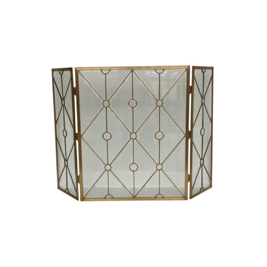 Fireplace Screen is made of steel with Diamond and Circle Design, 3 fold bevelled glass & electro plated gold finish, 53"W x 34"H
