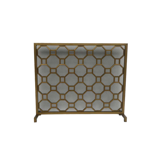 Fireplace Screen is made of steel, electro plated gold finish, circle pattern design, size 40"W x 34"H
