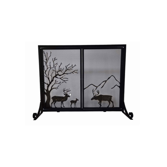 Panel screen with doors and deer design, black wrought iron 31 1/2"H x 40"W