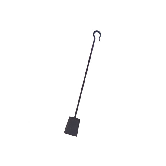 The shovel, with a hook, is made from black wrought iron. It's 39" long.