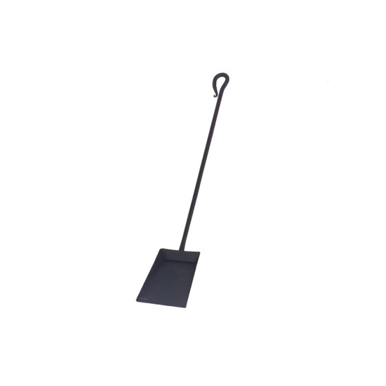 A black shovel, with a long handle and a hook at the top of the handle.