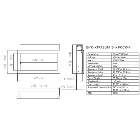 30 Inch Panorama BI XtraSlim Smart Electric Fireplace Specifications