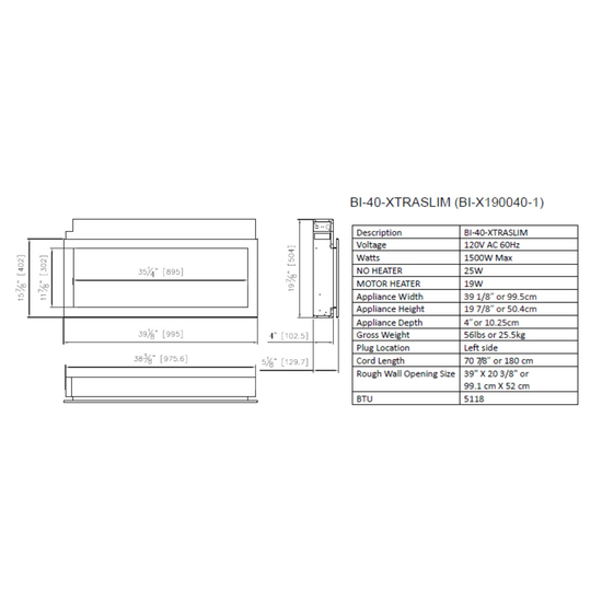 40 Inch Panorama BI XtraSlim Smart Electronic Fireplace Specifications