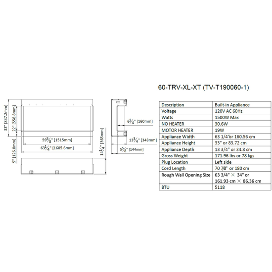 60 Inch Tru-View XT XL Smart Electric Fireplace Specification