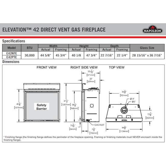 Napoleon 42 Inch Elevation Series-E42NTE-Direct Vent Gas Fireplace Spec Sheet