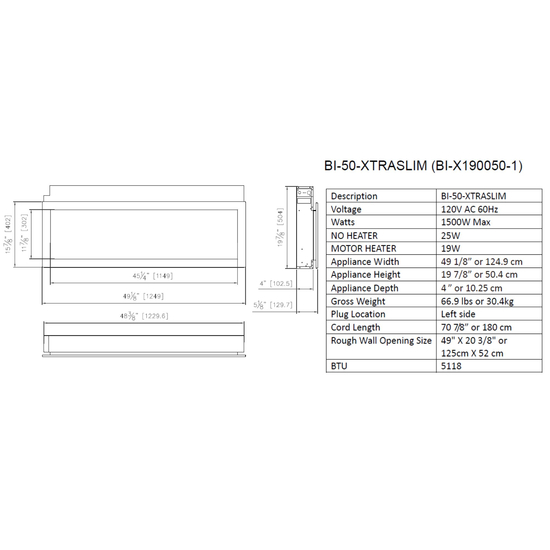 50 Inch Panorama BI XtraSlim Smart Electric Fireplace Specifications