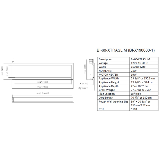 60" Panorama BI XtraSlim Smart Fireplace Specifications