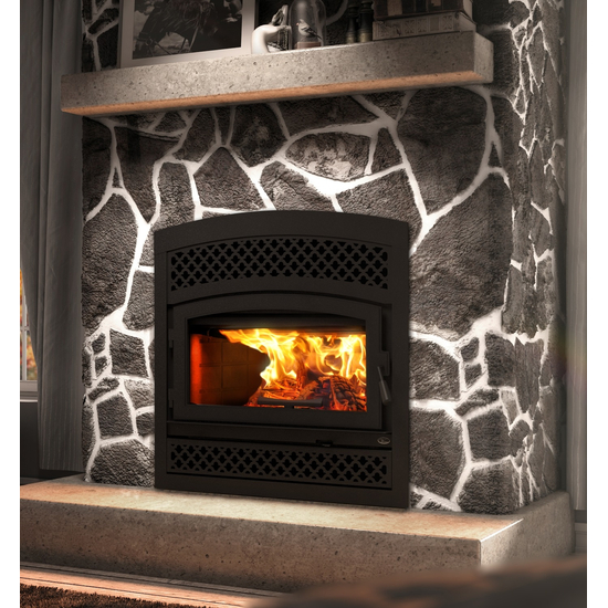 Valcourt LaFayette II Wood Fireplace with Black Door Overlay and Arabesque Style Faceplate Louver