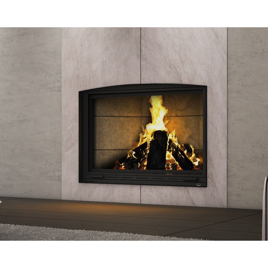 Valcourt Frontenac Wood Fireplace with Arched Masonry Trim and Contemporary Moulded Brick Panels