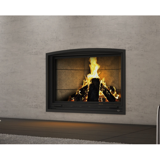 Valcourt Frontenac Wood Fireplace with Arched Narrow Overlap and Contemporary Moulded Brick Panels