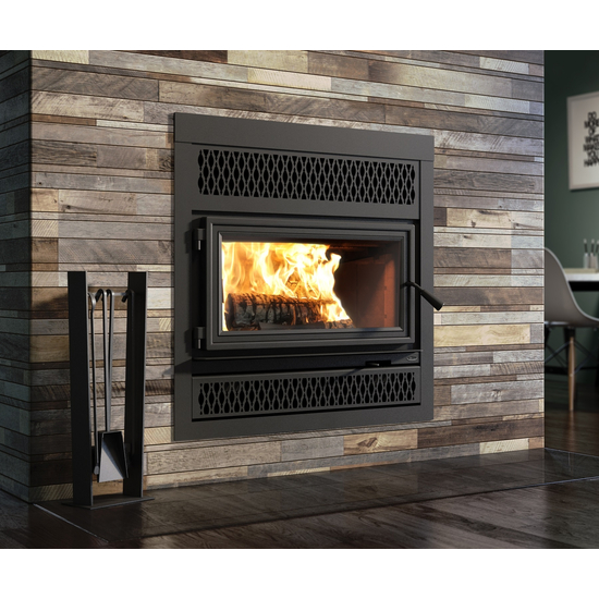 Valcourt LaFayette IIS Wood Fireplace with Black Door Overlay and Classic Style Faceplate Louver