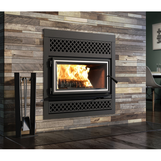 Valcourt LaFaye0tte IIS Wood Fireplace with Brushed Nickel Door Overlay and Arabesque Style Faceplate Louver