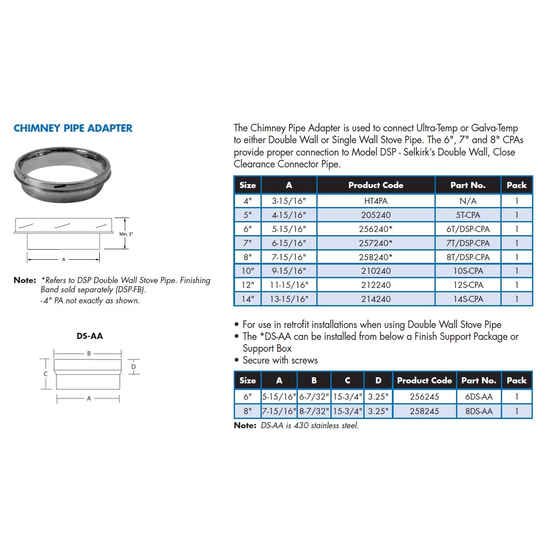 Selkirk 5" Ultra-Temp Chimney Pipe Adapter 5T-CPA Size Chart