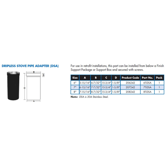 Selkirk 6" Ultra-Temp Dripless Smoke Pipe Adapter 6T-DSA Size Chart