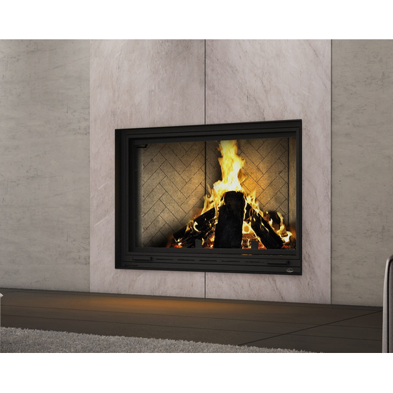 Valcourt Frontenac Wood Fireplace with Straight Masonry Trim and Herringbone Moulded Vermiculite Panels