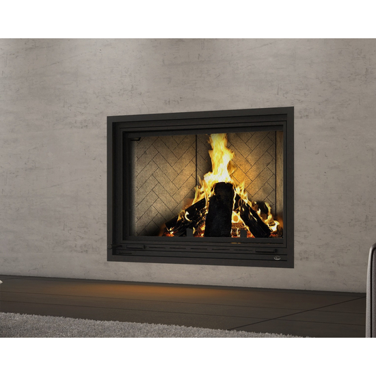 Valcourt Frontenac Wood Fireplace with Straight Narrow Overlap and Herringbone Moulded Vermiculite Panels
