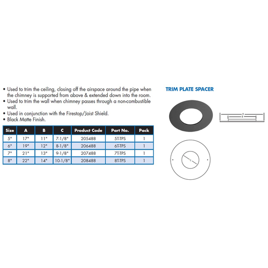 Selkirk 6" Ultra-Temp Trim Plate Spacer 6T-TPS Size Chart