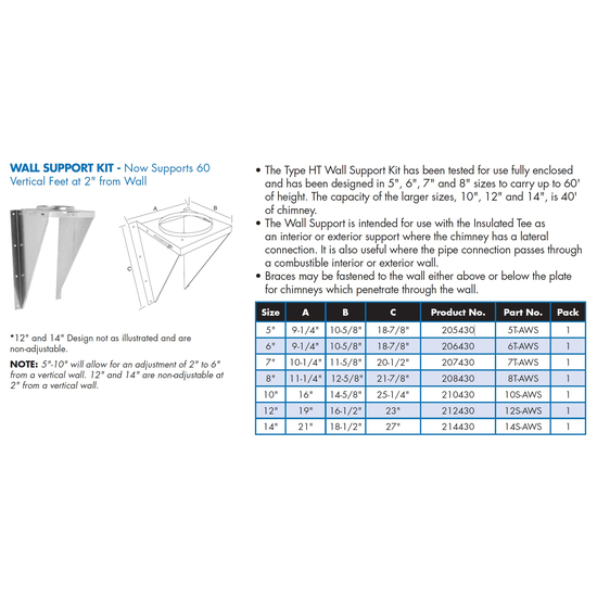 Selkirk 5" Ultra-Temp Wall Support Kit 5T-WSK Size Chart