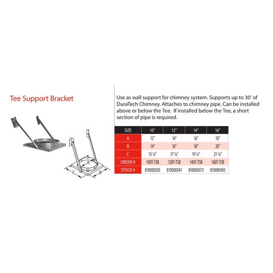 10 Inch DuraTech Galvalume Tee Support Bracket Sizing Chart