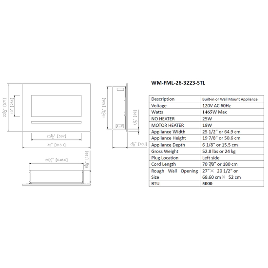 26 Inch Linear Wall Flush Mount Electric Fireplace Specifications