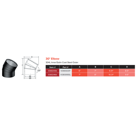 VDB0630F - 6" Ventis Double-Wall Black Stove Pipe 30 Degree Fixed Elbow 430 Inner Stainless And Satin Coat Steel Outer Specs