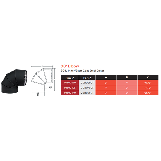 VDB0690F - 6" Ventis Double-Wall Black Stove Pipe, 90 Degree Fixed Elbow 430 Inner/Satin Coat Steel Outer Specs