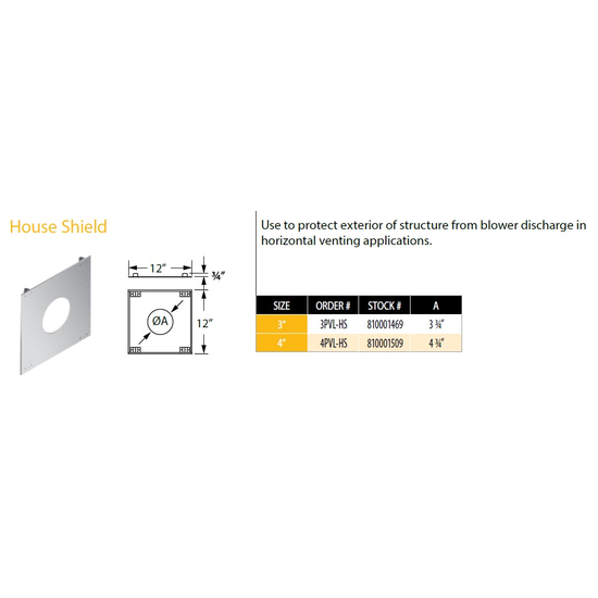 DuraVent 3" PelletVent Pro House Shield 3PVL-HS Size Chart