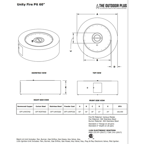 Unity 60" Powder Coated Fire Pit Specifications