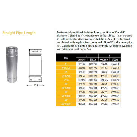DuraVent 4" x 6" Black PelletVent Pro Straight Pipe Length 4PVL-06B Size Chart