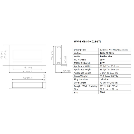 34 Inch Linear Wall Flush Mount Electric Fireplace Specifications