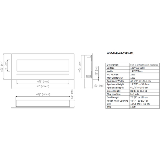 48 Inch Linear Wall Flush Mount Electric Fireplace Specifications