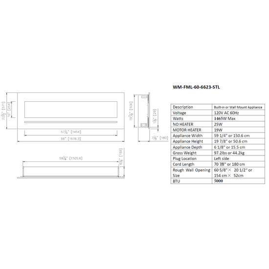 60 Inch Linear Wall Flush Mount Electric Fireplace Specifications