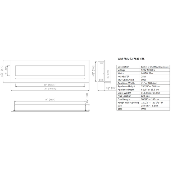 72 Inch Linear Wall Flush Mount Electric Fireplace Specifications