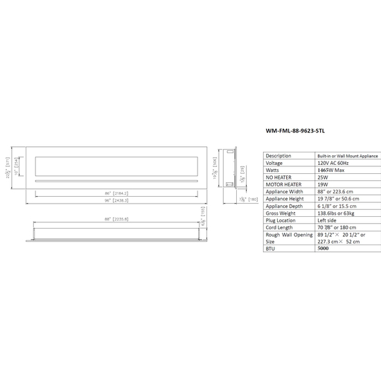 88 Inch Linear Wall Flush Mount Electric Fireplace Specifications