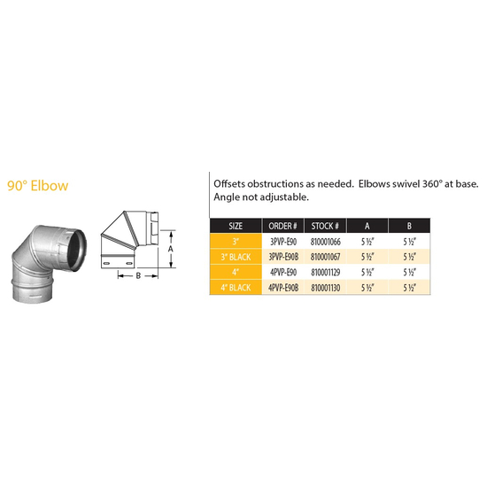DuraVent 4" Black PelletVent Pro 90-Degree Elbow 4PVP-E90B Size Chart