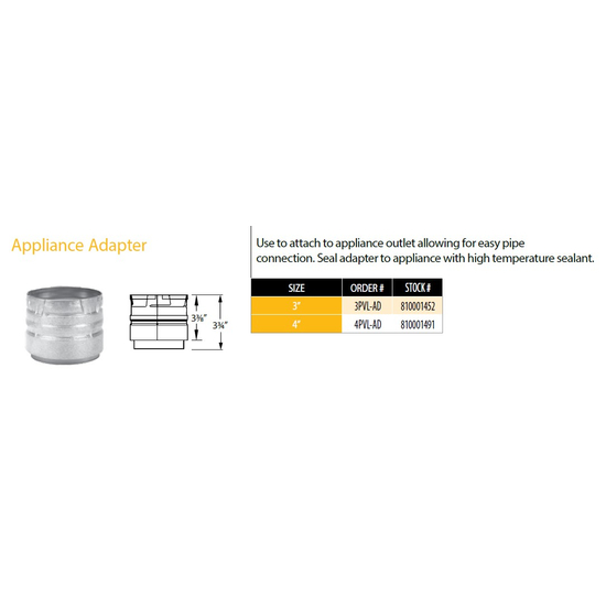 DuraVent 3" PelletVent Pro Appliance Adapter 3PVL-AD Size Chart