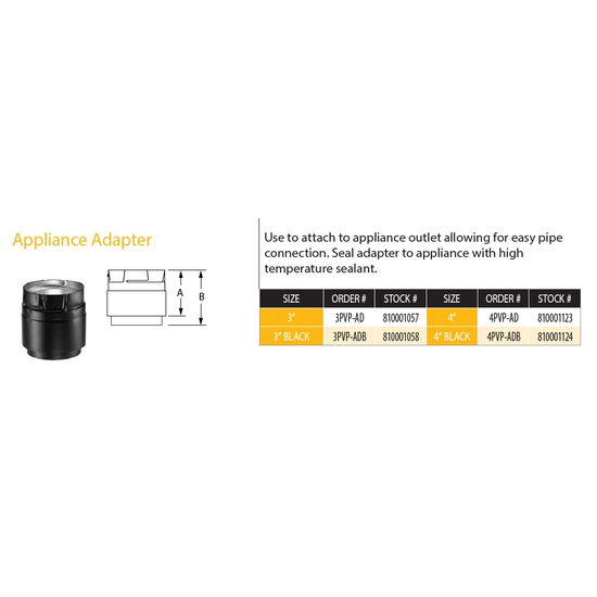 DuraVent 4" PelletVent Pro Appliance Adapter 4PVP-AD Size Chart