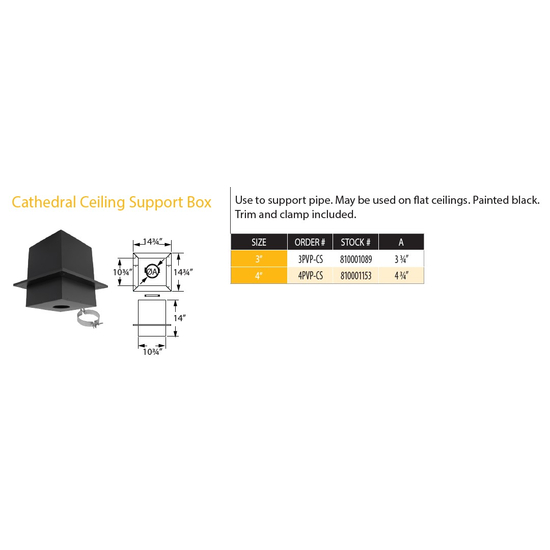 DuraVent 4" PelletVent Pro Cathedral Ceiling Support Box 4PVP-CS Size Chart