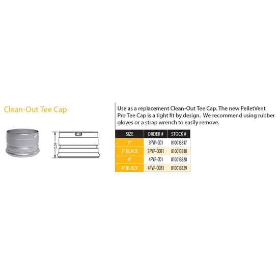 DuraVent 4" Black PelletVent Pro Clean-Out Tee Cap 4PVP-COB1 Sizing Chart Size Chart