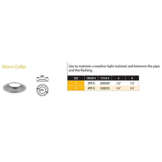DuraVent 4" PelletVent Pro Storm Collar 4PVP-SC Size Chart