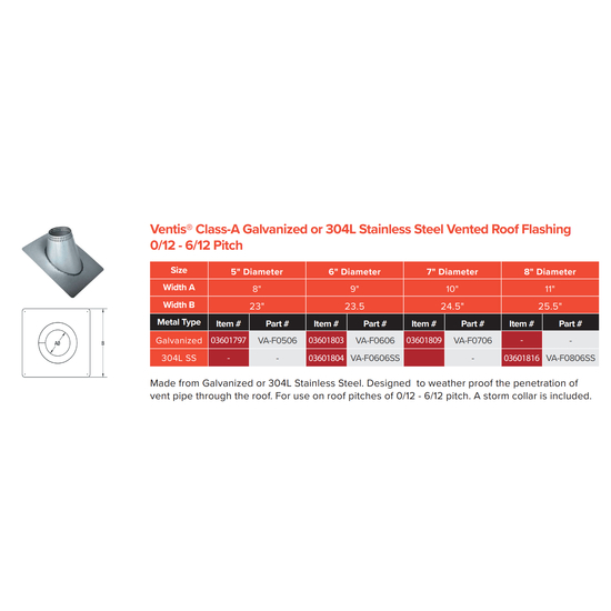 VA-F0606SS - 6" Ventis Class-A All Fuel Chimney 304L Stainless Vented Standard Flashing 0/12 To 6/12 Pitch Specs Sheet