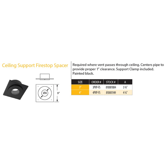DuraVent 3" PelletVent Pro Ceiling Support Firestop Spacer 3PVP-FS Size Chart